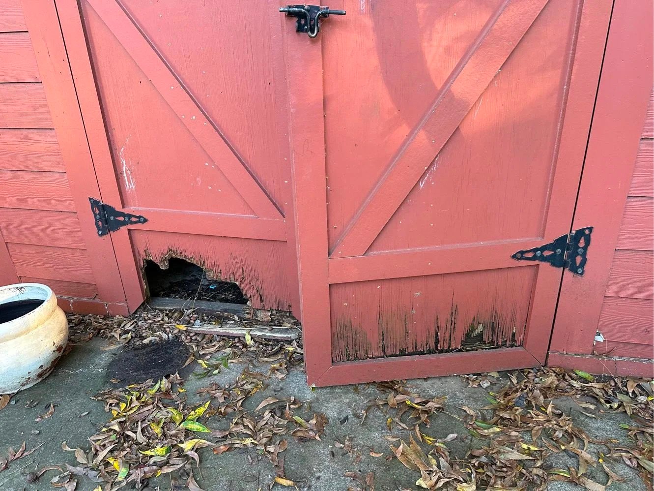 Damaged barn doors before repair