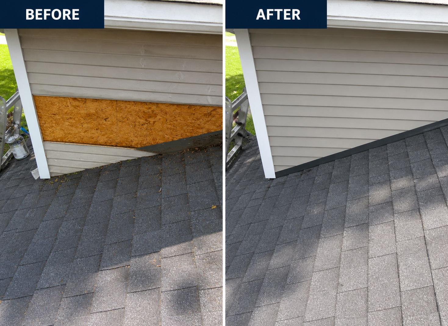 Siding repair before and after on Dallas home
